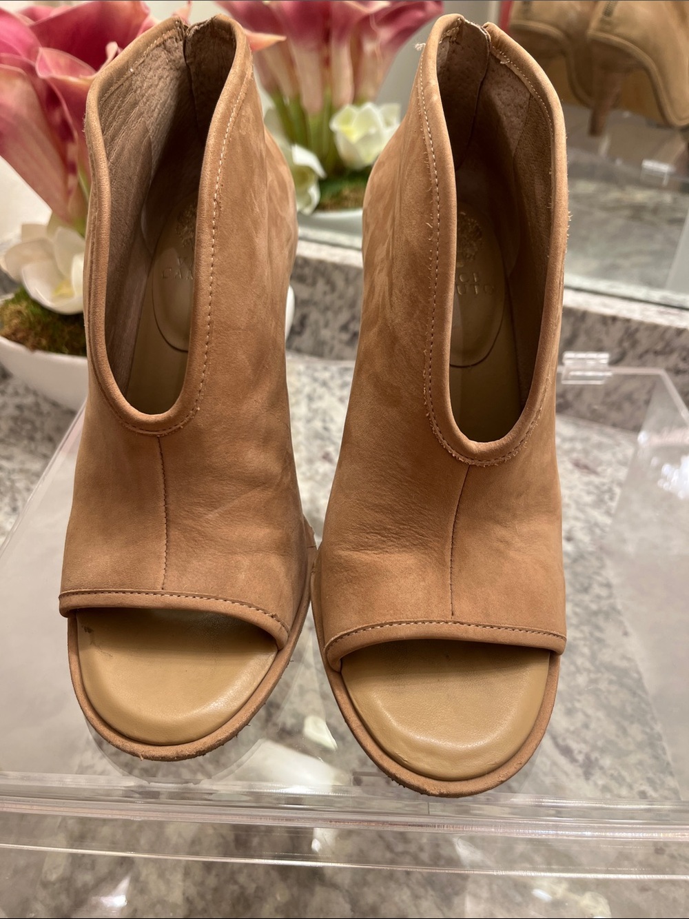 Vince Camuto Tan Open-Toe Leather Ankle Booties